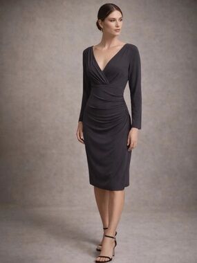 Lauren Ralph Lauren Ruched Surplice Jersey Dress in Charcoal Grey Size 8